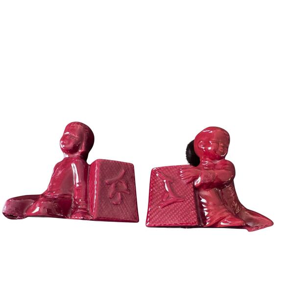 Vintage Red Glazed Ceramic Boy & Girl Planter Pair – Oriental Style Bookends - Picture 7 of 8